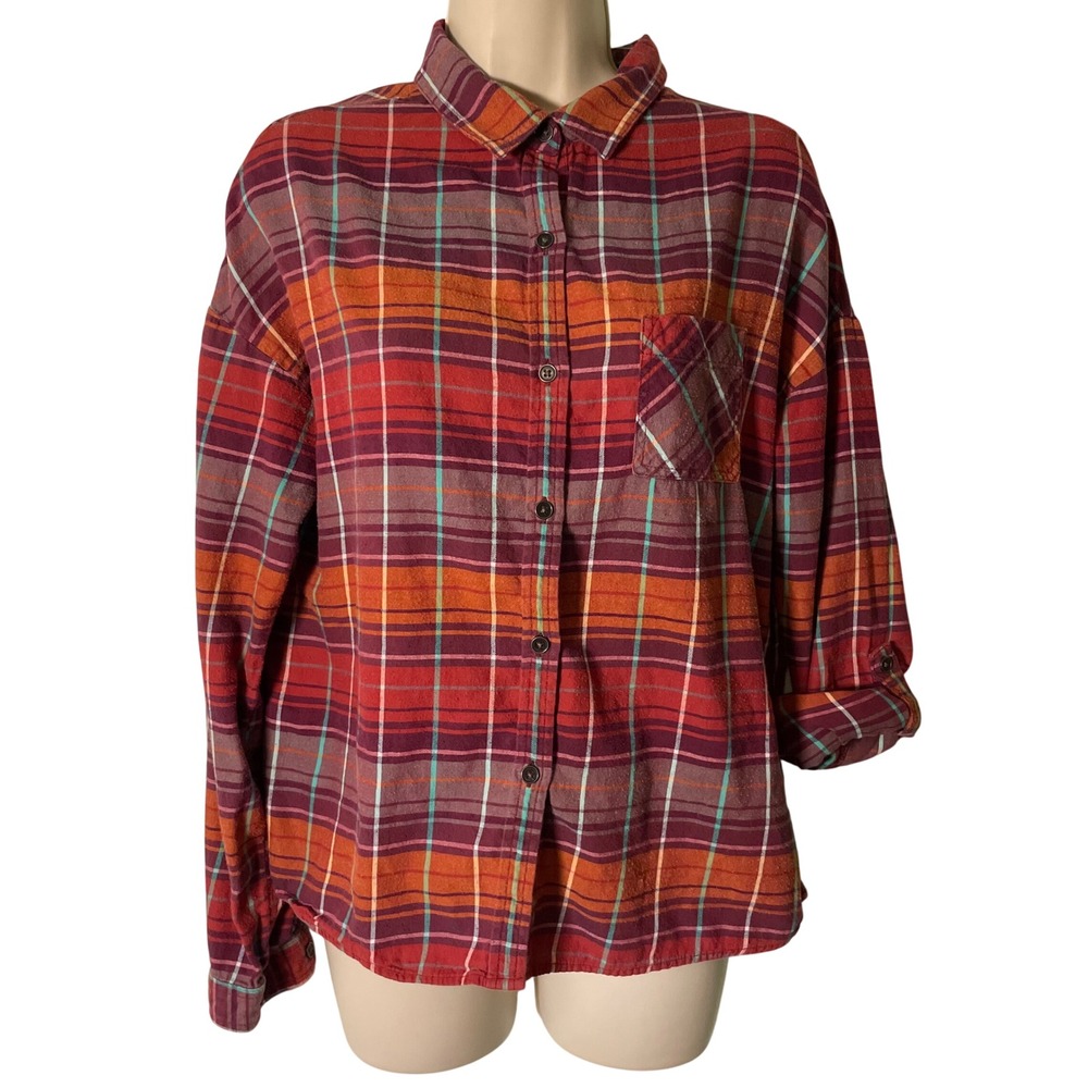 Prana Womens Plaid Flannel Button Down Shirt Size Medium Cabincore Fall Outdoors